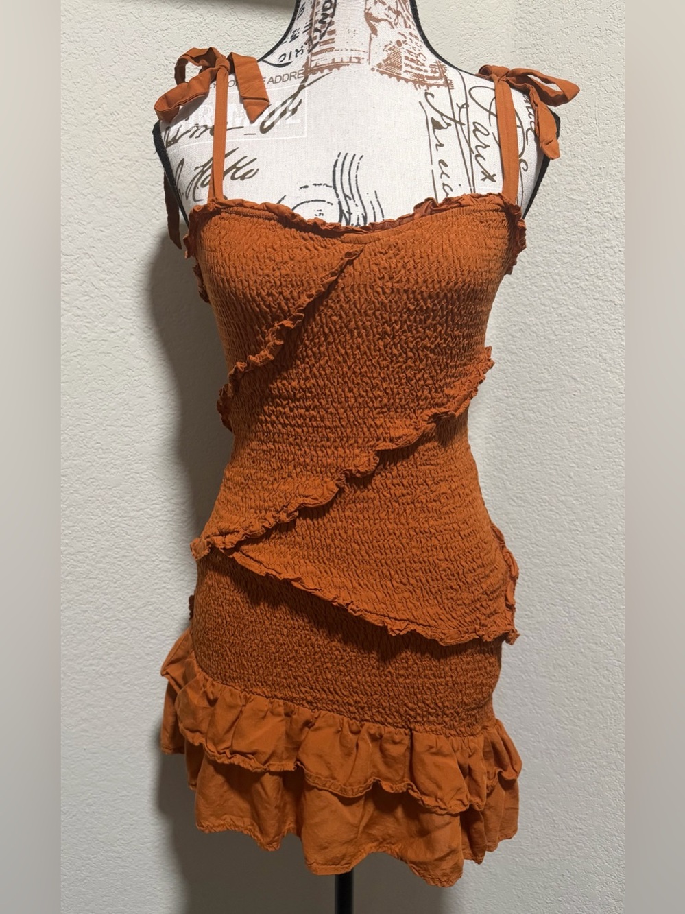 Astr Rust Orange Smocked Ruffle Mini Dress